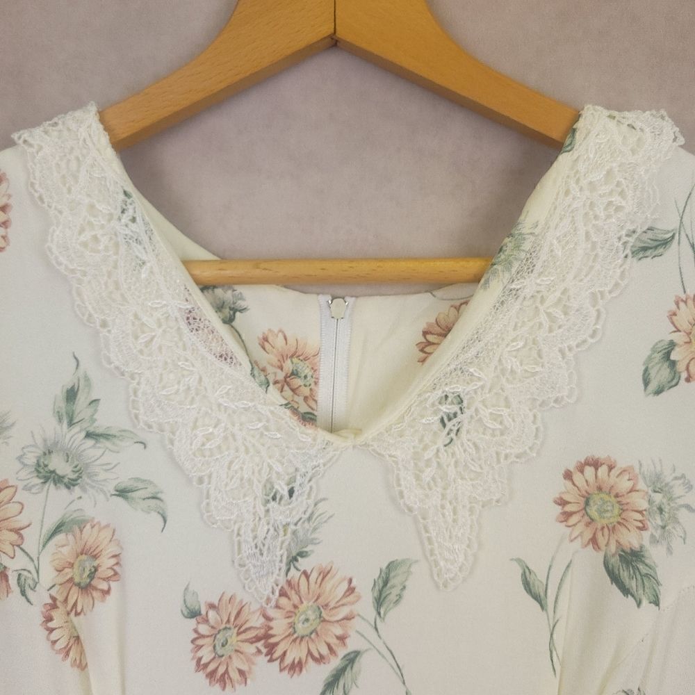 Vintage 80s Cream Floral V Neck Fitted Maxi Dress Size Med - Picture 5 of 10